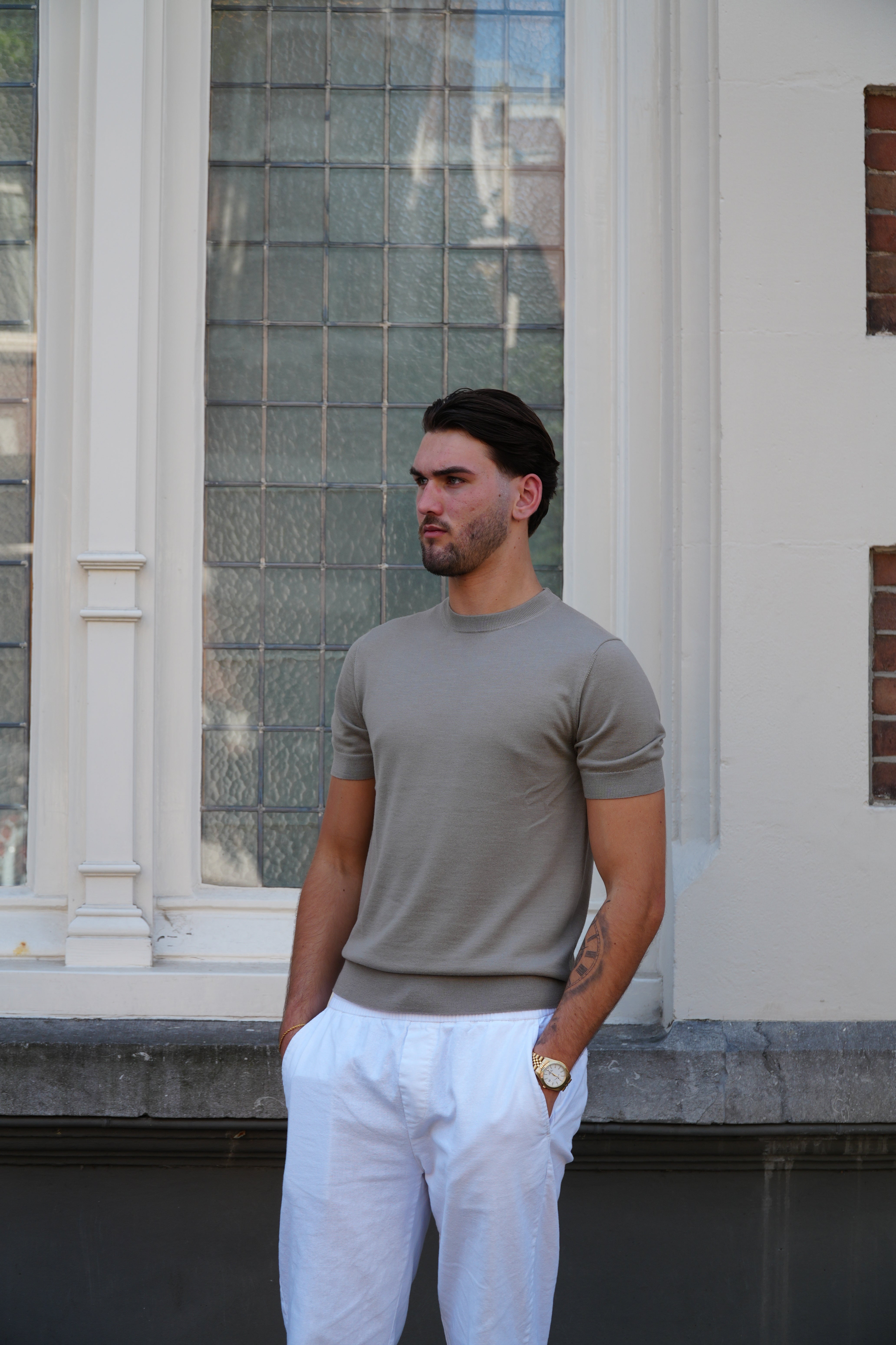 Taupe merino wool men's t-shirt, front size